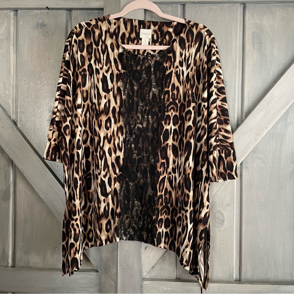Chicos Animal Print Lace Blouse Tunic Flowy Stretchy size M